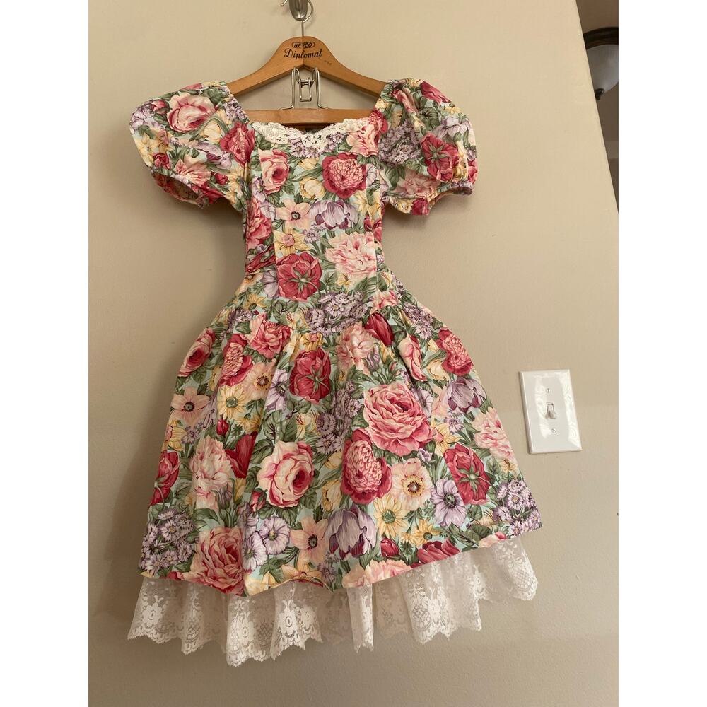 Killer 80s Floral Dress Puff Sleeve Lace Underskirt Bonnie Jean Girls 12/ Wms XS
